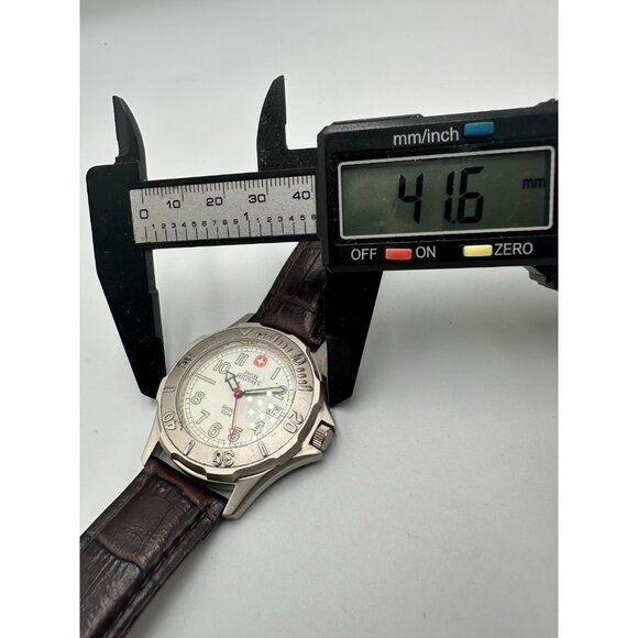 Swiss Military Watch Men Silver Tone Brown Leather Band Water Resistant Works - Picture 10 of 12